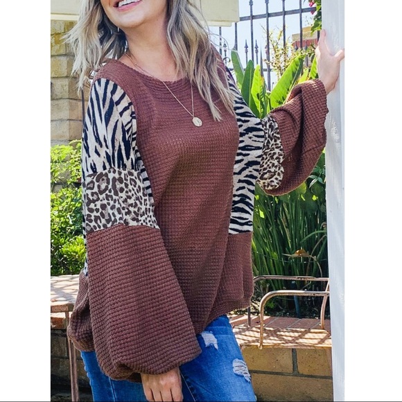 LET'S BE WILD WAFFLE KNIT SWEATER-BROWN - Picture 2 of 5